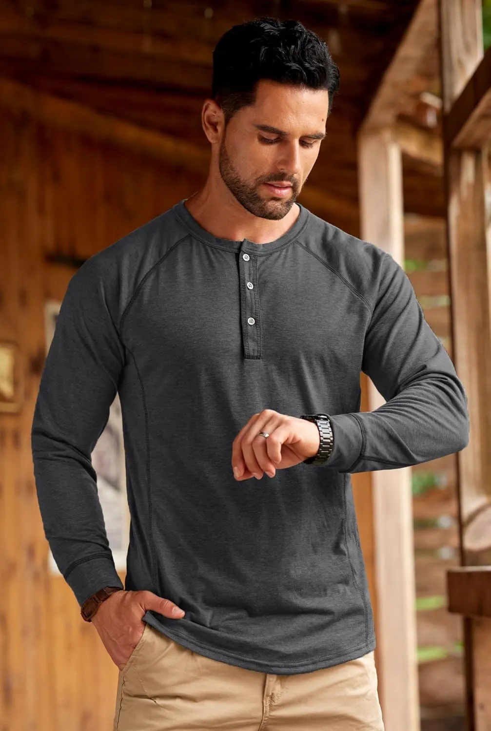 Mens Henley Shirts Long Sleeve Casual Classic Button Raglan T-Shirt (S-XXL)