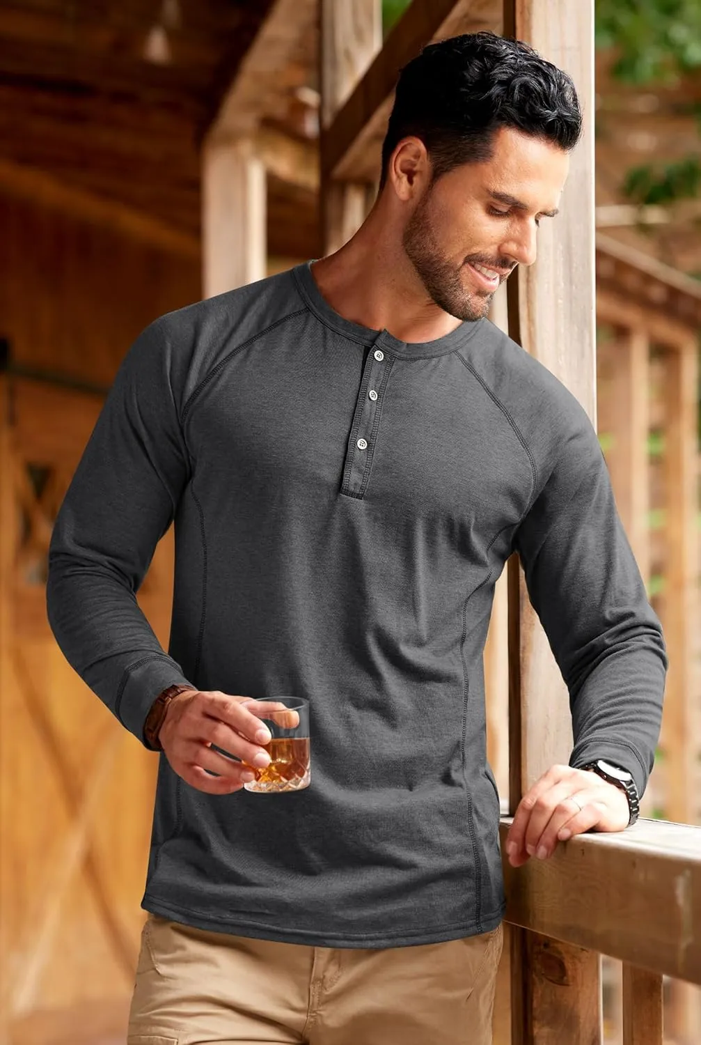 Mens Henley Shirts Long Sleeve Casual Classic Button Raglan T-Shirt (S-XXL)
