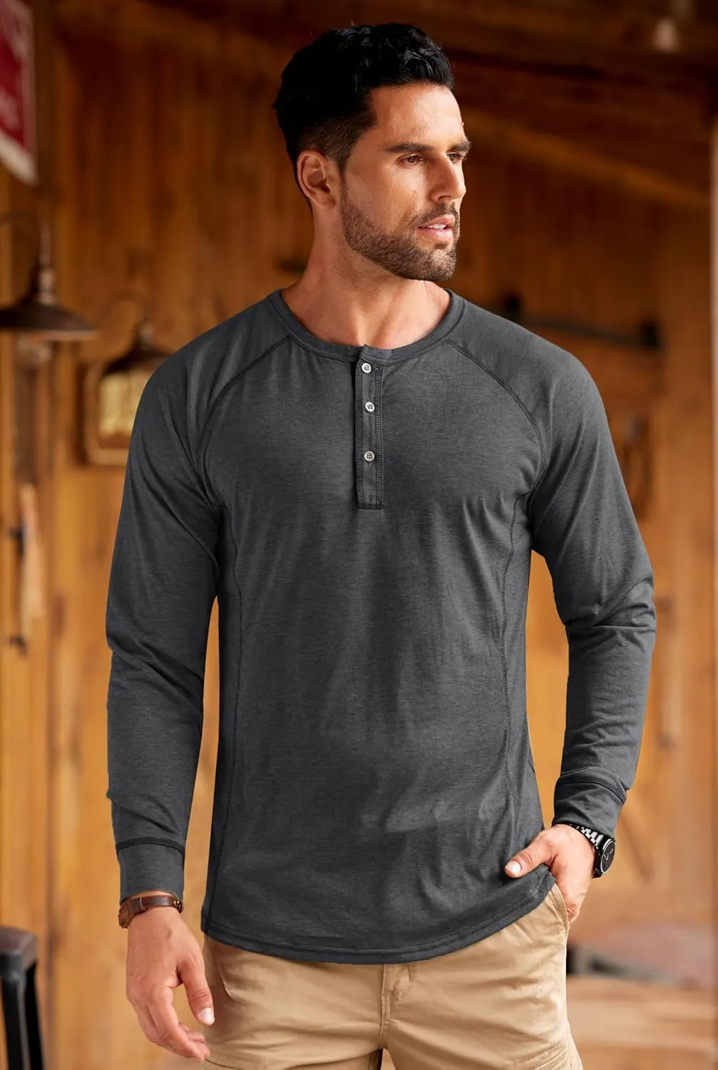 Mens Henley Shirts Long Sleeve Casual Classic Button Raglan T-Shirt (S-XXL)