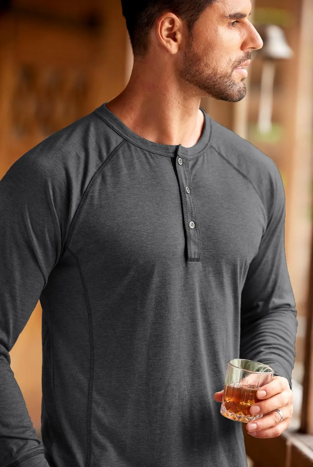 Mens Henley Shirts Long Sleeve Casual Classic Button Raglan T-Shirt (S-XXL)