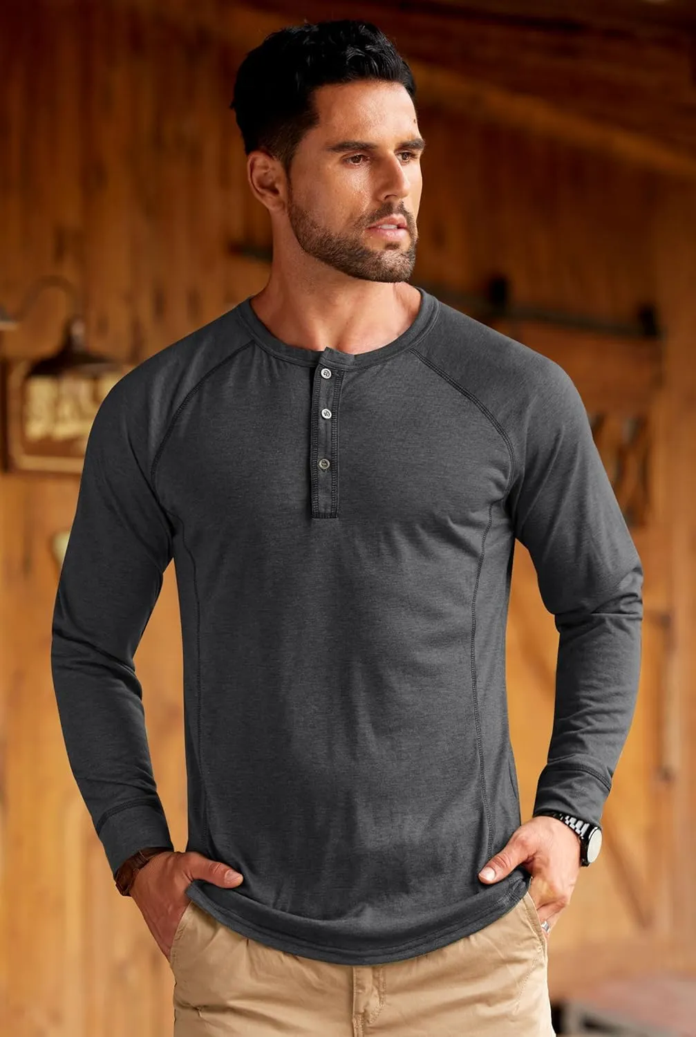 Mens Henley Shirts Long Sleeve Casual Classic Button Raglan T-Shirt (S-XXL)