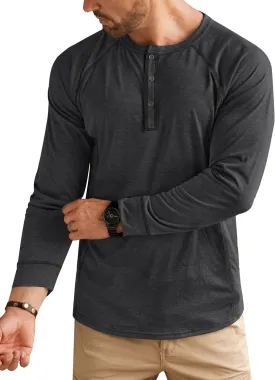 Mens Henley Shirts Long Sleeve Casual Classic Button Raglan T-Shirt (S-XXL)