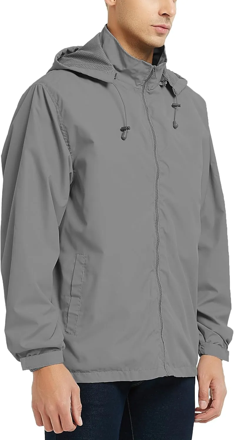 Mywu Mens Windbreaker Jackets Lightweight Rain Jacket Waterproof Raincoat with Hood Outdoor Running Hiking Cycling