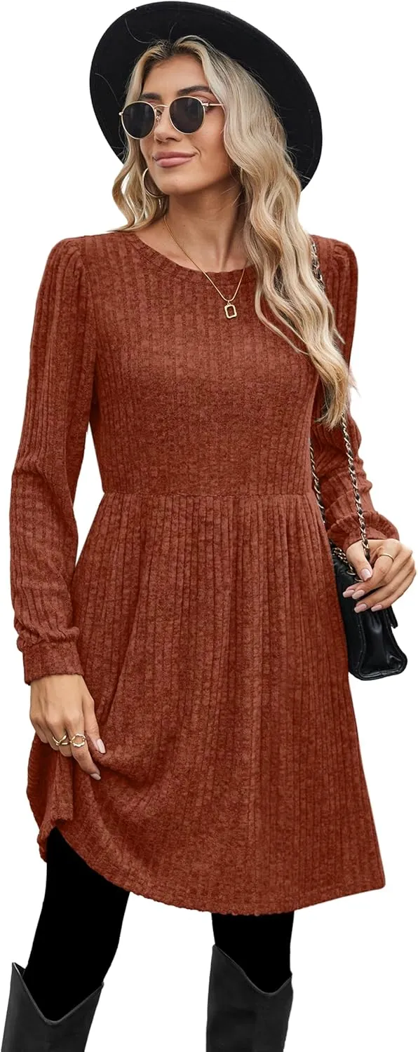 OFEEFAN Womens Fall Dresses Crew Neck Long Sleeve Winter Knit Sweater Dress 2024