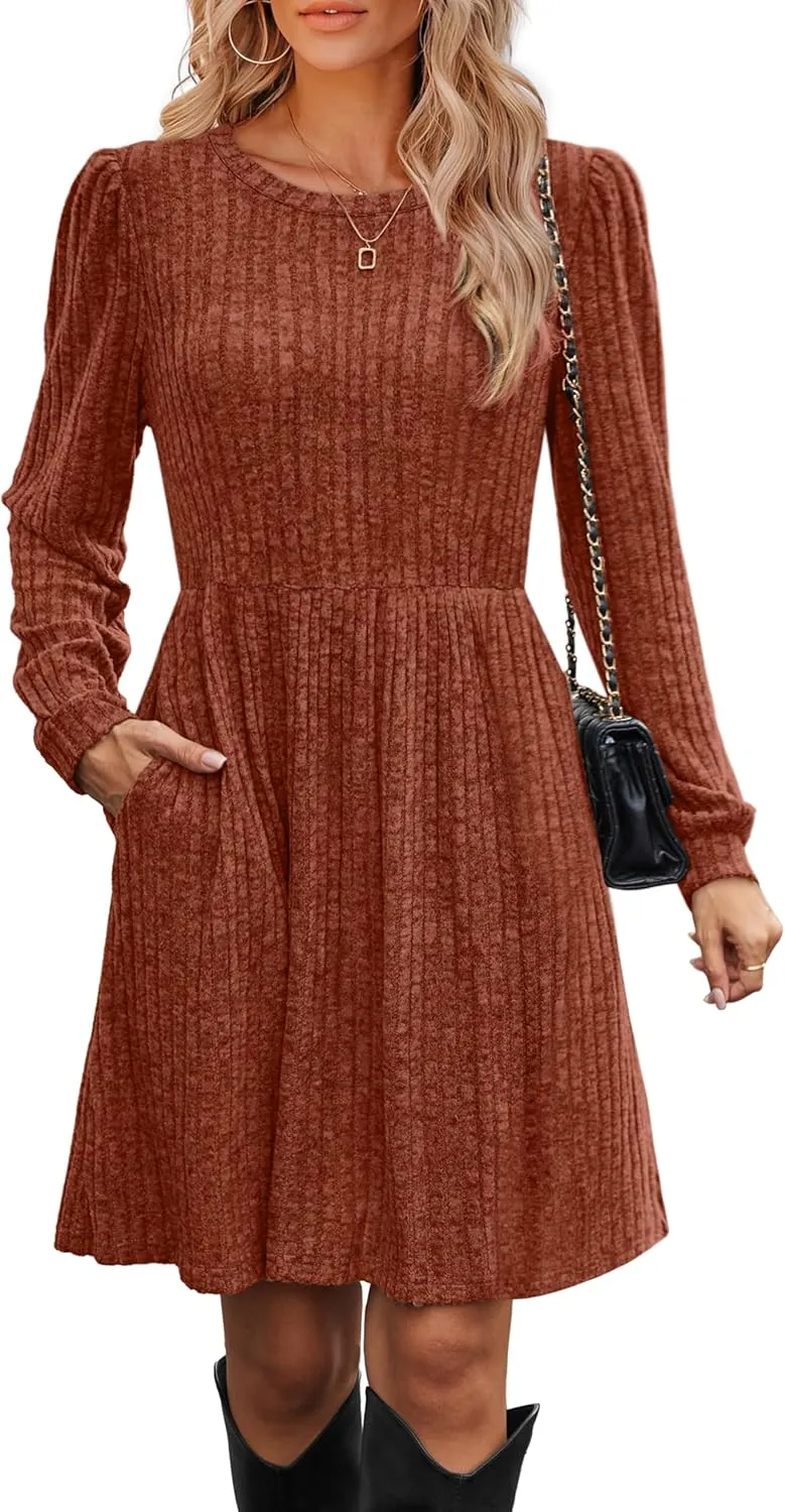 OFEEFAN Womens Fall Dresses Crew Neck Long Sleeve Winter Knit Sweater Dress 2024