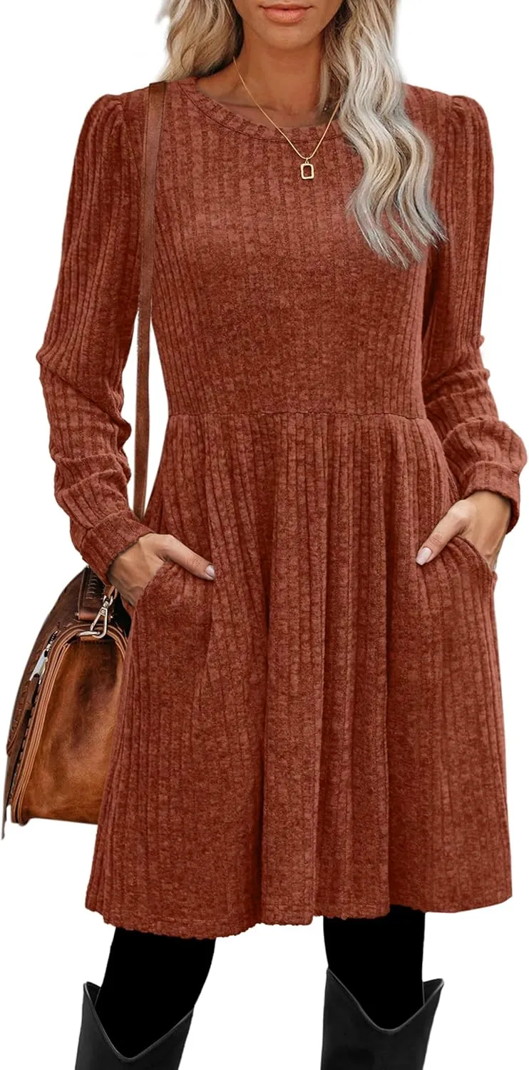 OFEEFAN Womens Fall Dresses Crew Neck Long Sleeve Winter Knit Sweater Dress 2024