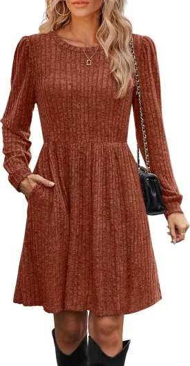 OFEEFAN Womens Fall Dresses Crew Neck Long Sleeve Winter Knit Sweater Dress 2024
