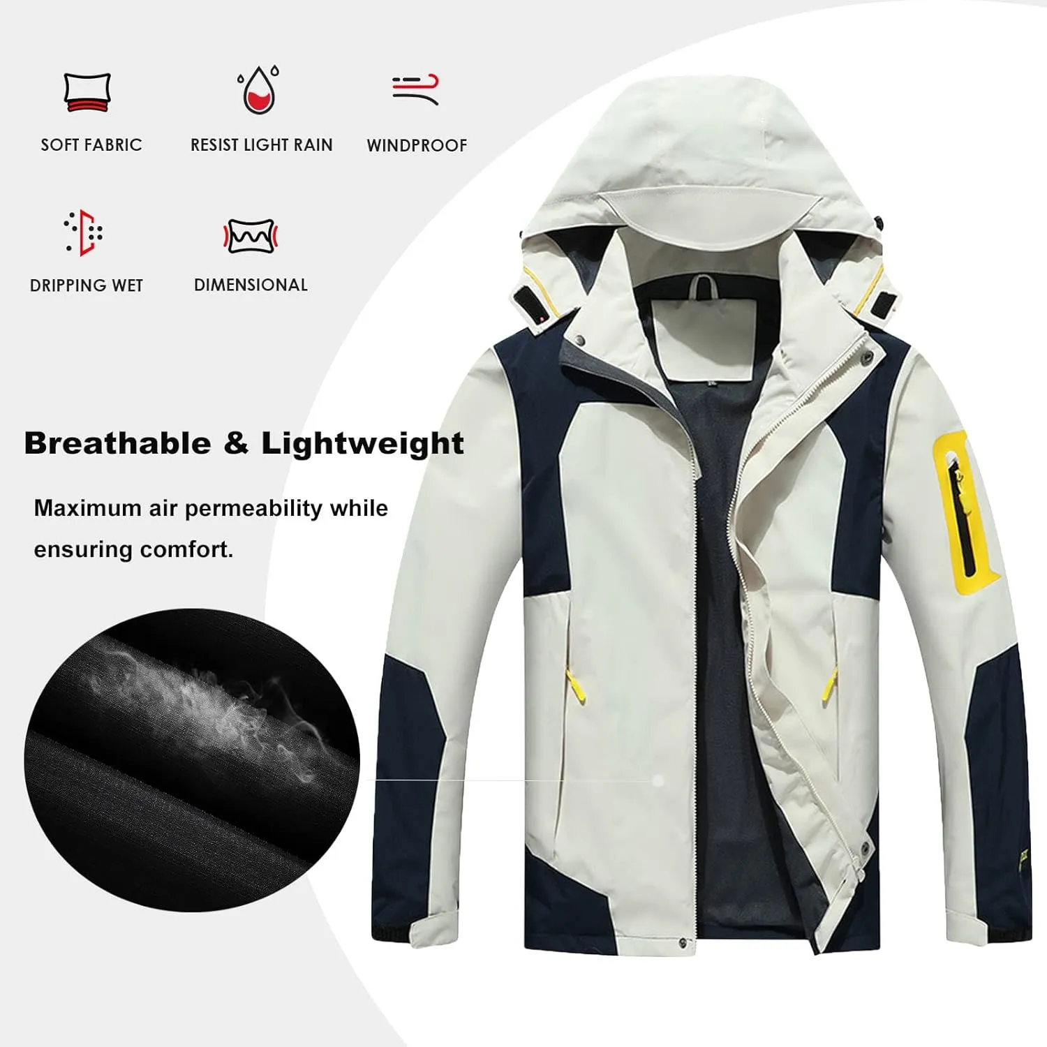 Rain Jacket for Men Lightweight Jacket with Detachable Hood Mountain Softshell Windbreaker Hiking Casual Raincoat