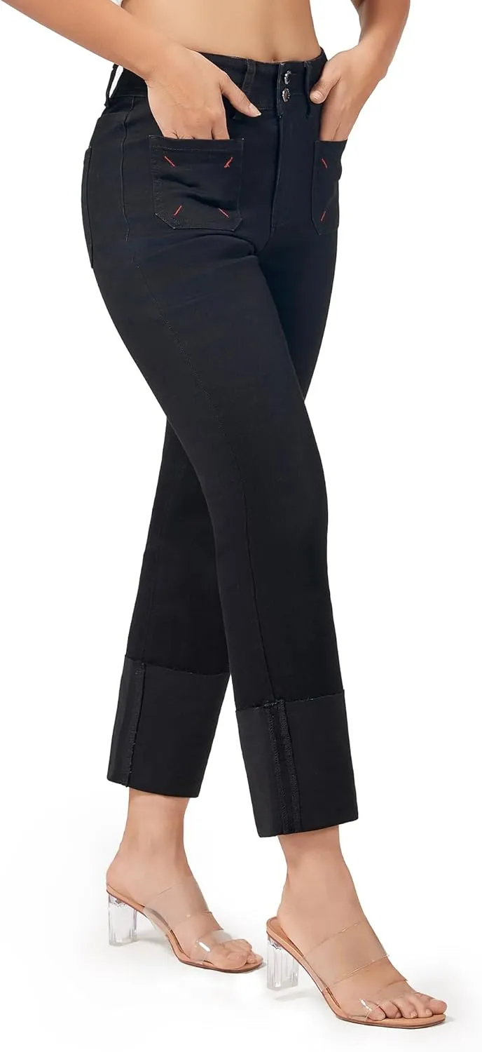 roswear Women's Stretchy Petite Cuffed Jeans with Patch Pockets High Waisted Cropped Straight Leg Denim Pants