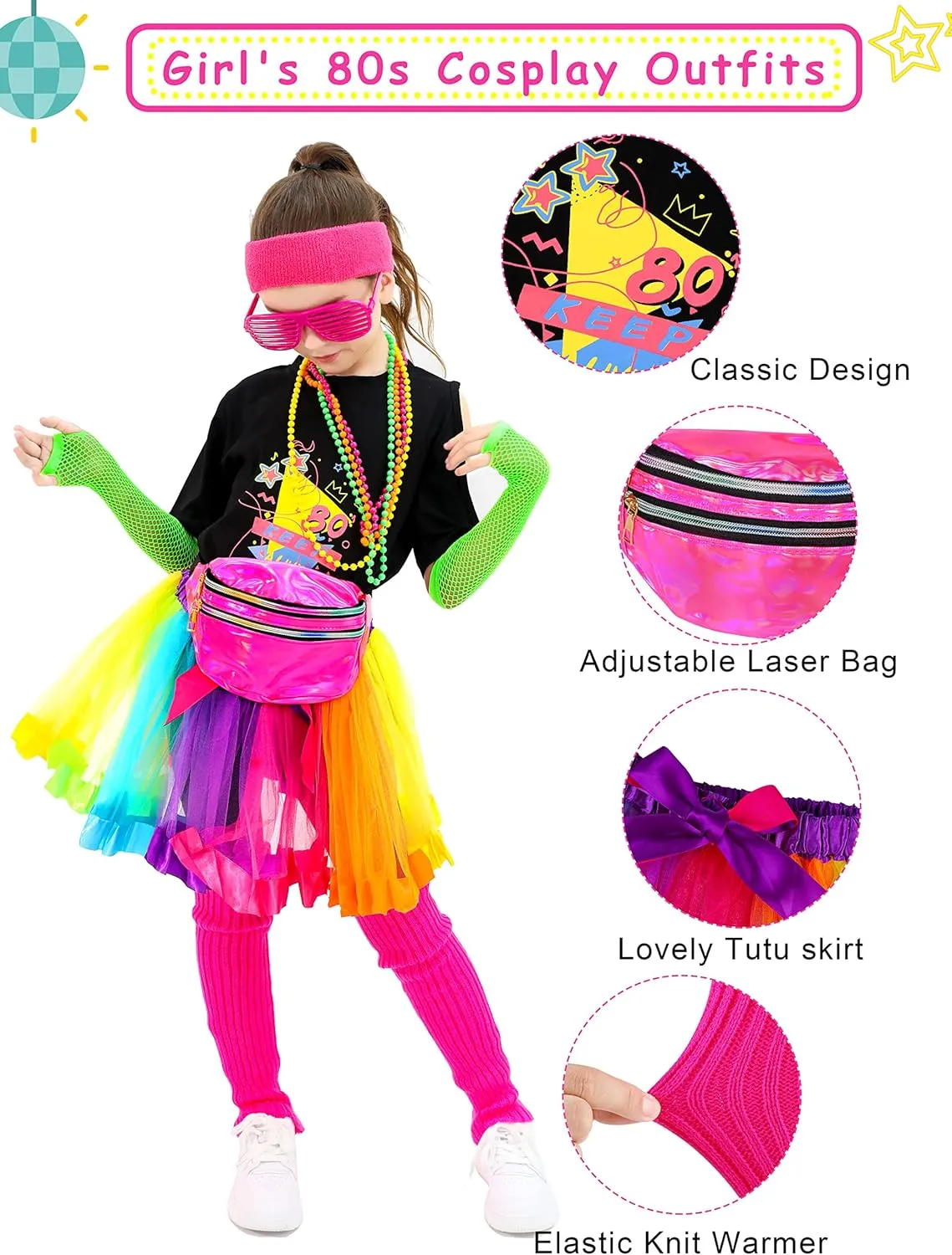 SOMSOC 13 Pieces Kids 80s Costume Accessories Set Girl's 80s Cosplay T-shirt Tutu Outfit Headband Necklace Gloves Leg Warmer