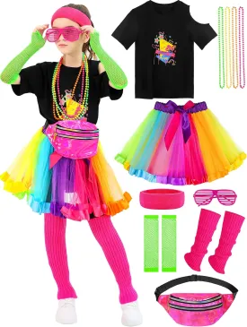 SOMSOC 13 Pieces Kids 80s Costume Accessories Set Girl's 80s Cosplay T-shirt Tutu Outfit Headband Necklace Gloves Leg Warmer