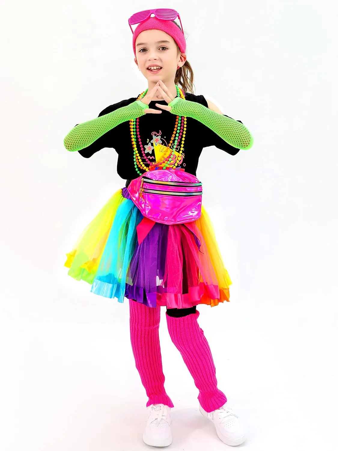 SOMSOC 13 Pieces Kids 80s Costume Accessories Set Girl's 80s Cosplay T-shirt Tutu Outfit Headband Necklace Gloves Leg Warmer
