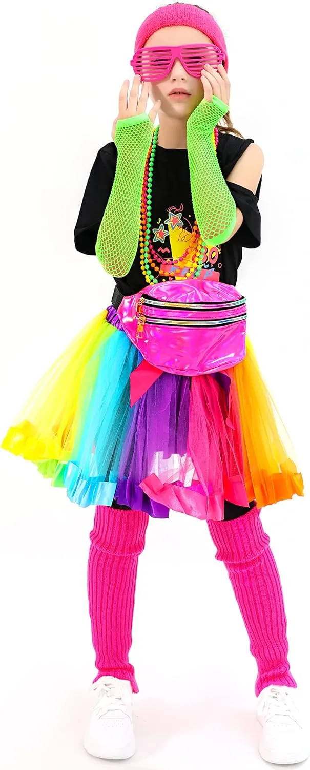 SOMSOC 13 Pieces Kids 80s Costume Accessories Set Girl's 80s Cosplay T-shirt Tutu Outfit Headband Necklace Gloves Leg Warmer