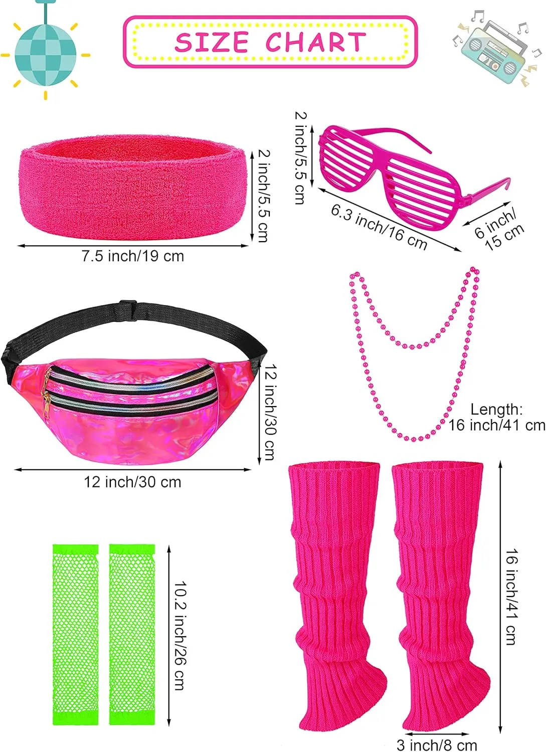 SOMSOC 13 Pieces Kids 80s Costume Accessories Set Girl's 80s Cosplay T-shirt Tutu Outfit Headband Necklace Gloves Leg Warmer
