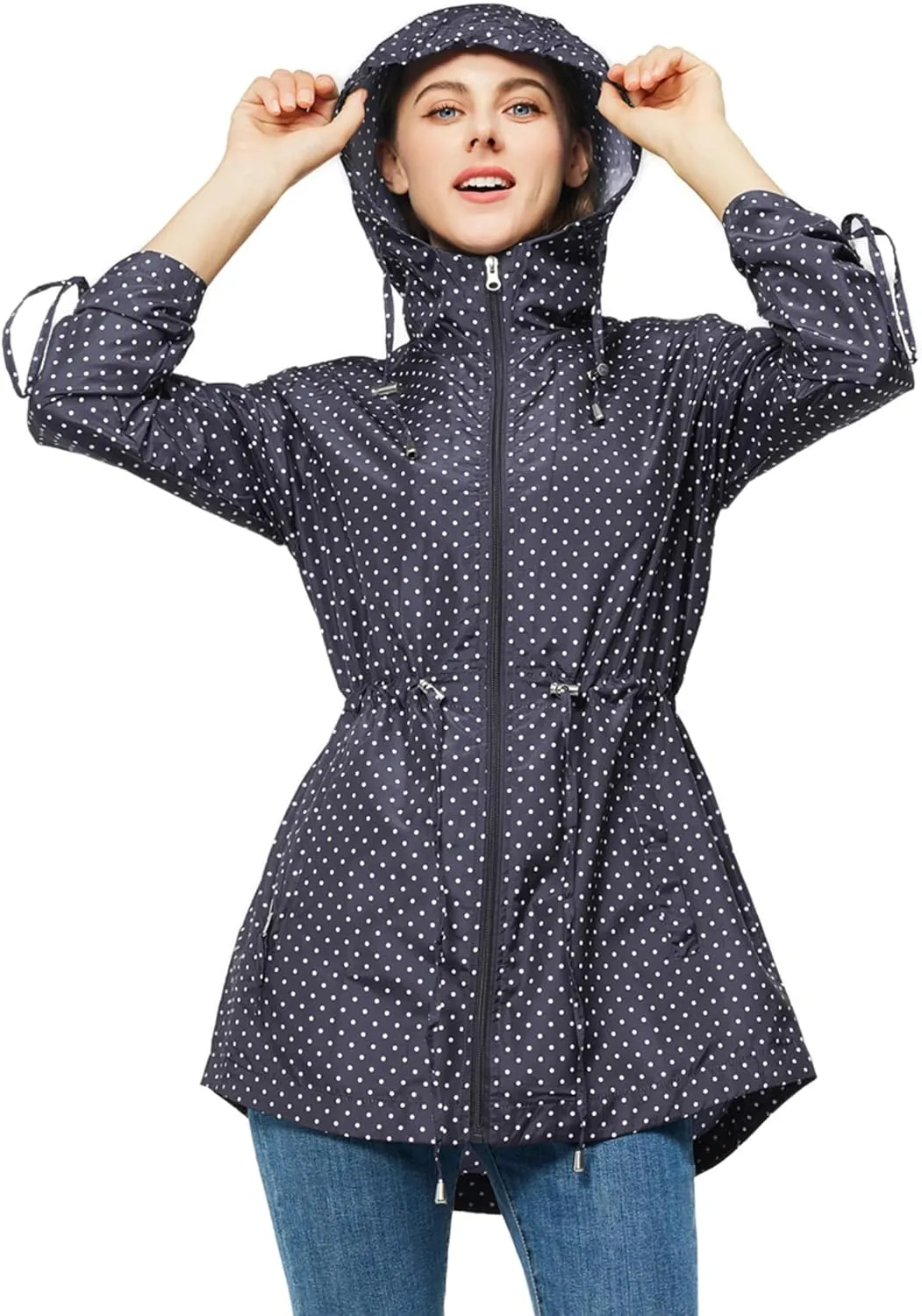 TRATENBY Rain-Jacket Women-Waterproof Lightweight-Packable Hood-Raincoat  Travel Windbreaker Coat in A Pouch Polka Dot