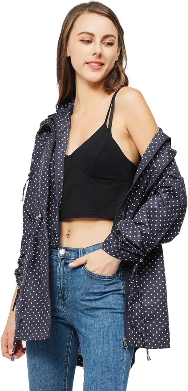 TRATENBY Rain-Jacket Women-Waterproof Lightweight-Packable Hood-Raincoat  Travel Windbreaker Coat in A Pouch Polka Dot