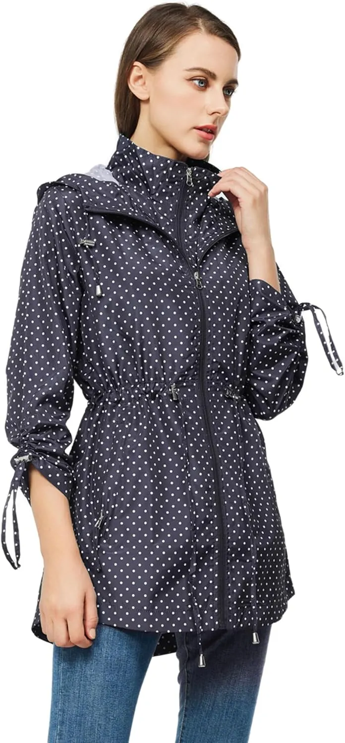 TRATENBY Rain-Jacket Women-Waterproof Lightweight-Packable Hood-Raincoat  Travel Windbreaker Coat in A Pouch Polka Dot