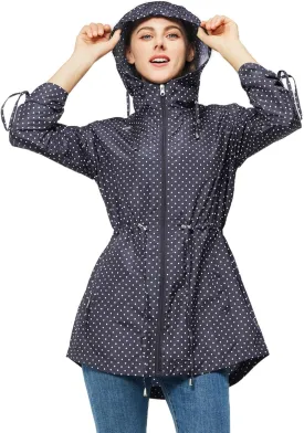 TRATENBY Rain-Jacket Women-Waterproof Lightweight-Packable Hood-Raincoat  Travel Windbreaker Coat in A Pouch Polka Dot