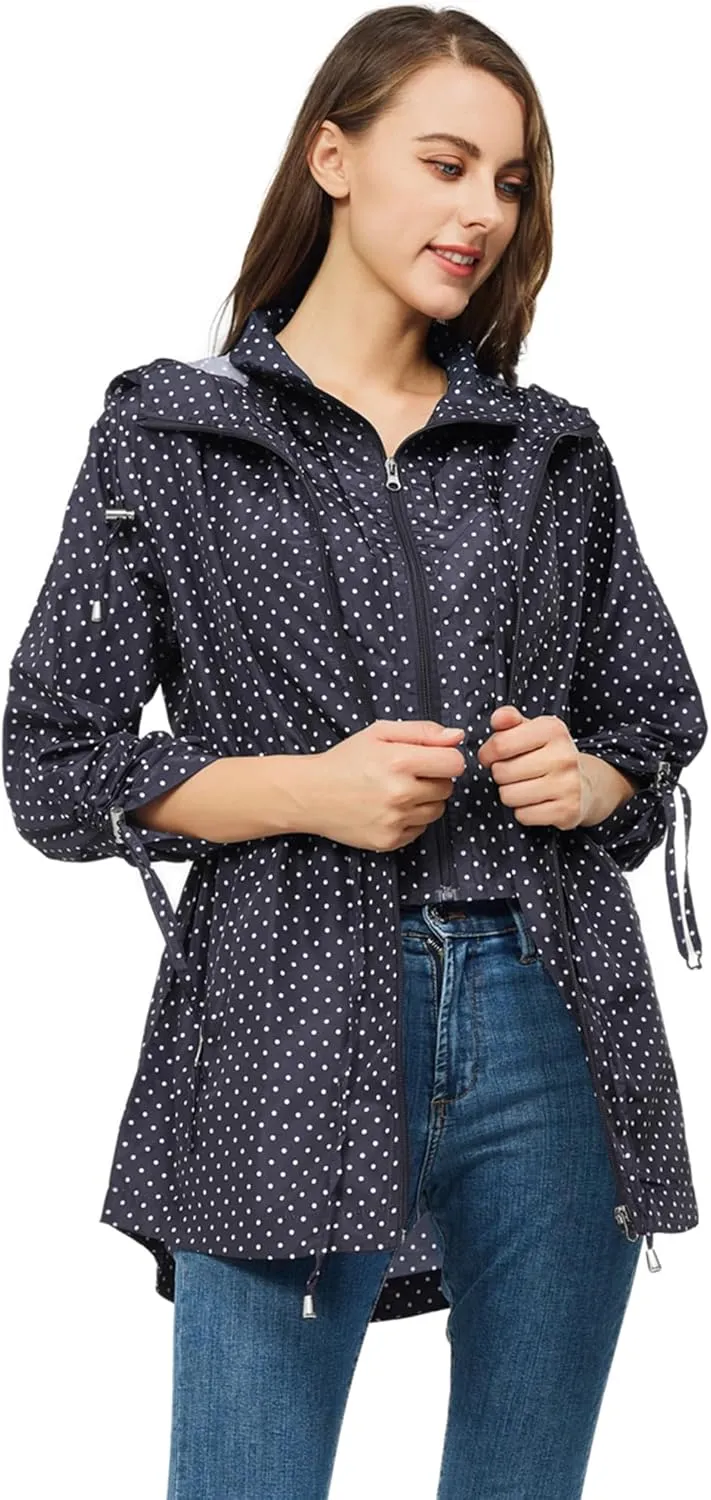 TRATENBY Rain-Jacket Women-Waterproof Lightweight-Packable Hood-Raincoat  Travel Windbreaker Coat in A Pouch Polka Dot