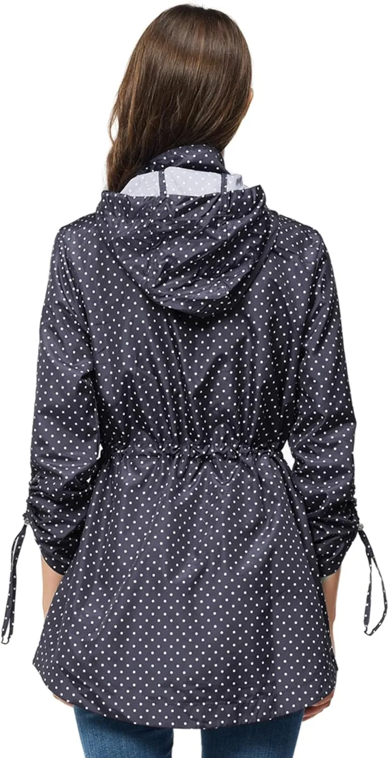 TRATENBY Rain-Jacket Women-Waterproof Lightweight-Packable Hood-Raincoat  Travel Windbreaker Coat in A Pouch Polka Dot