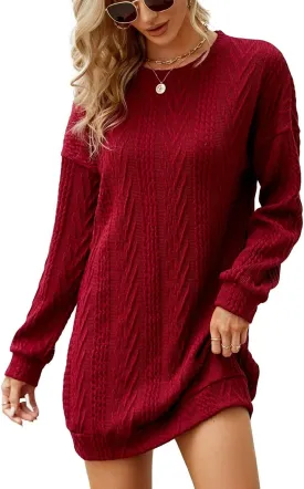 VIMPUNEC Women Crewneck Cable Knit Sweater Dress Long Sleeve Oversized Casual Pullover Dress