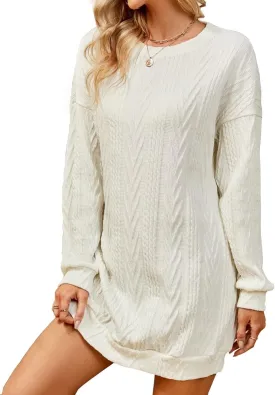 VIMPUNEC Women Crewneck Cable Knit Sweater Dress Long Sleeve Oversized Casual Pullover Dress
