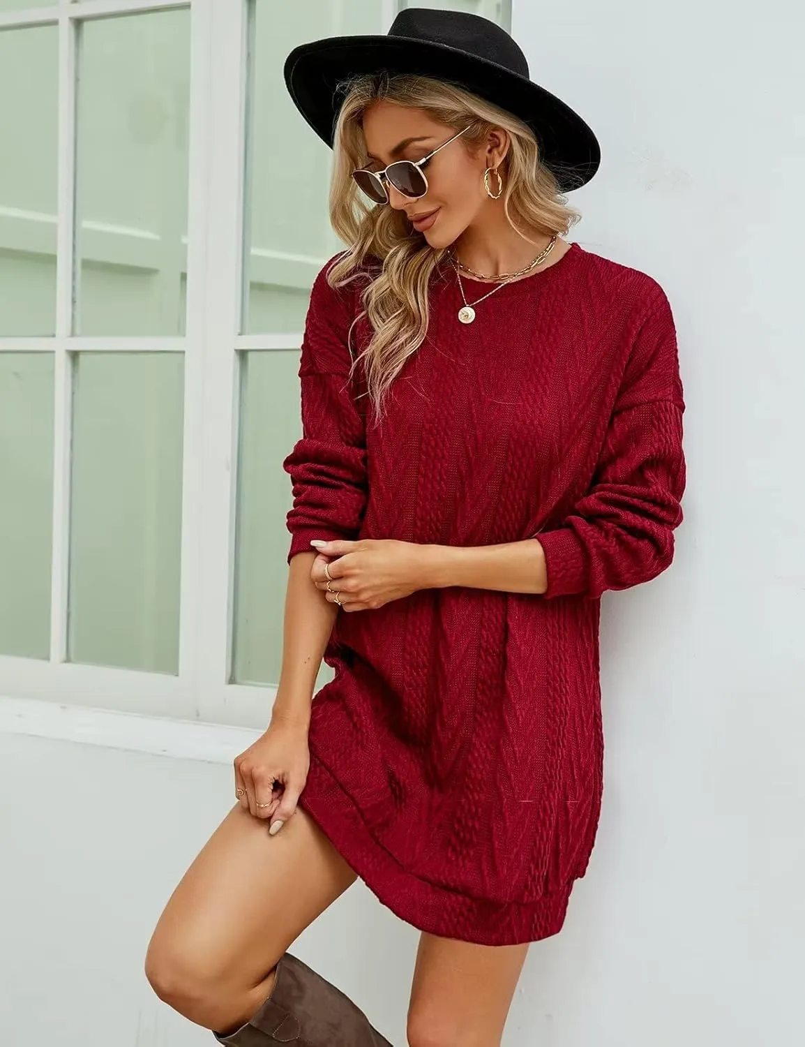 VIMPUNEC Women Crewneck Cable Knit Sweater Dress Long Sleeve Oversized Casual Pullover Dress