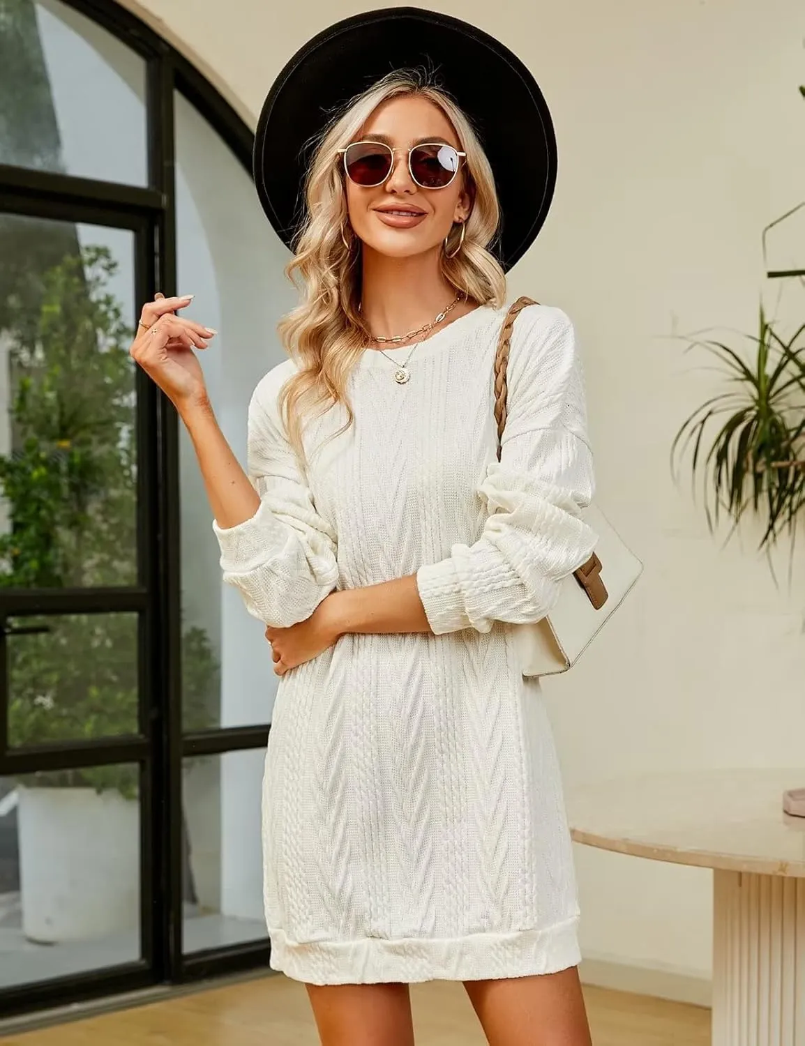 VIMPUNEC Women Crewneck Cable Knit Sweater Dress Long Sleeve Oversized Casual Pullover Dress