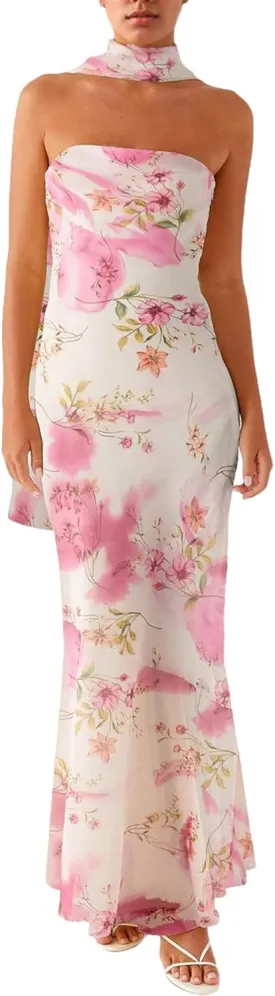 Women Floral Tube Maxi Dress Strapless Ruffle Hem Long Bodycon Vacation Summer Halter Dress with Scarf