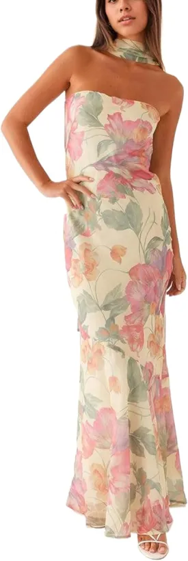 Women Floral Tube Maxi Dress Strapless Ruffle Hem Long Bodycon Vacation Summer Halter Dress with Scarf