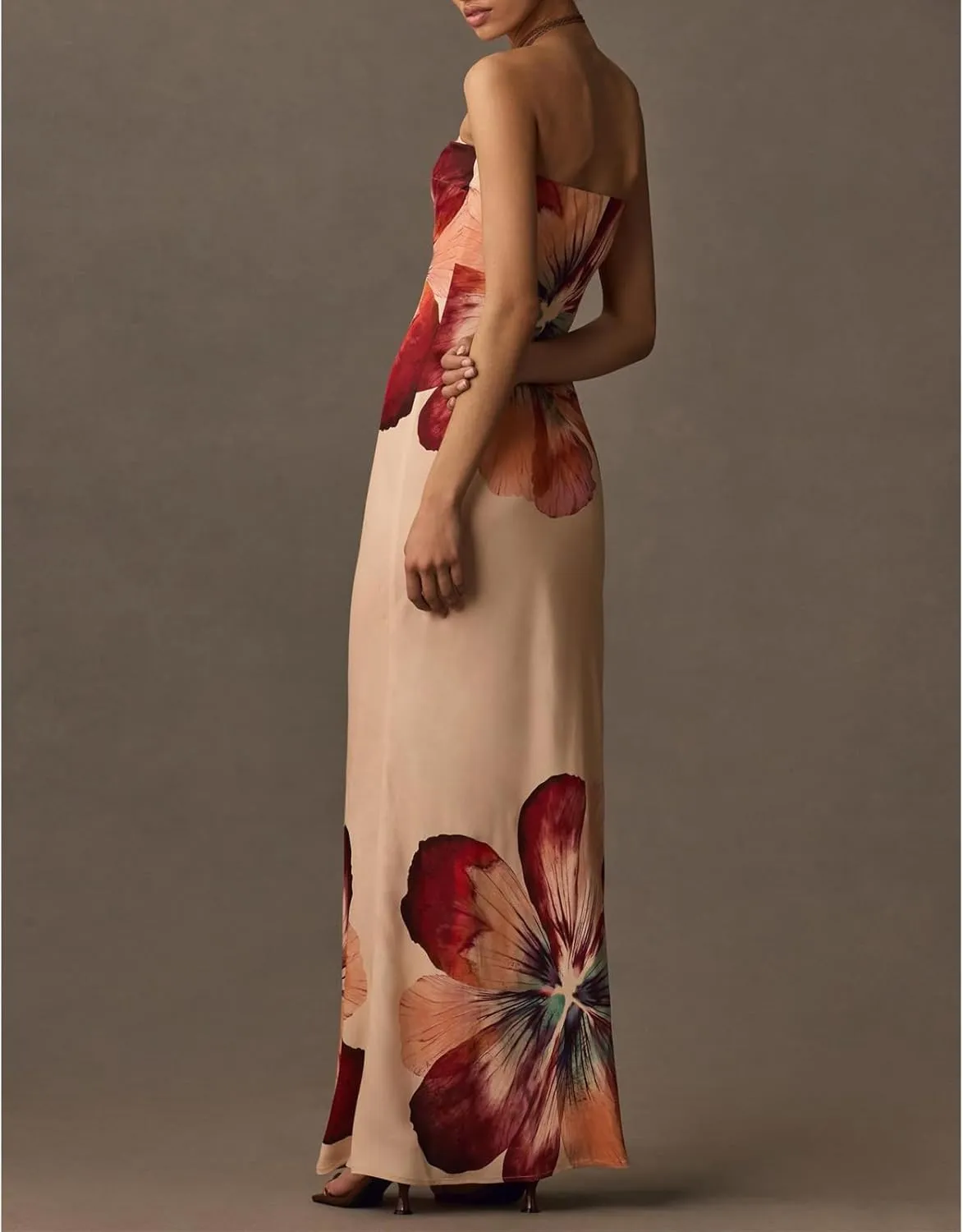 Women Floral Tube Maxi Dress with Scarf Y2k Strapless Backless Mesh Long Bodycon Dresses Formal Cocktail Sundress