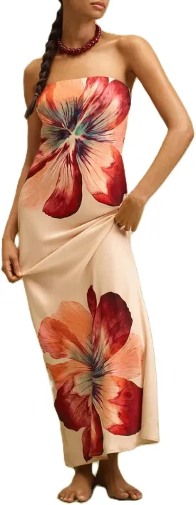 Women Floral Tube Maxi Dress with Scarf Y2k Strapless Backless Mesh Long Bodycon Dresses Formal Cocktail Sundress