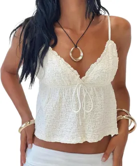 Women Y2K Ruched Cami Top Coquette Ruffle Hem V Neck Spaghetti Strap Crop Tank Top Cute Summer Going Out Vest Shirt