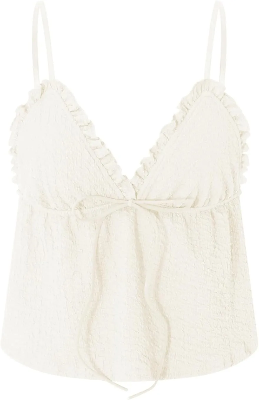 Women Y2K Ruched Cami Top Coquette Ruffle Hem V Neck Spaghetti Strap Crop Tank Top Cute Summer Going Out Vest Shirt
