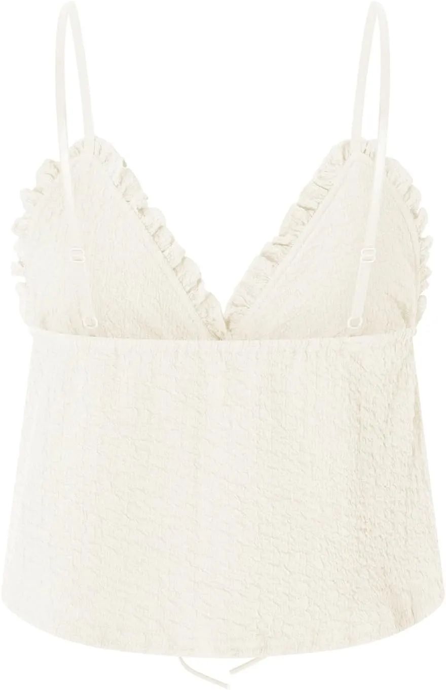 Women Y2K Ruched Cami Top Coquette Ruffle Hem V Neck Spaghetti Strap Crop Tank Top Cute Summer Going Out Vest Shirt