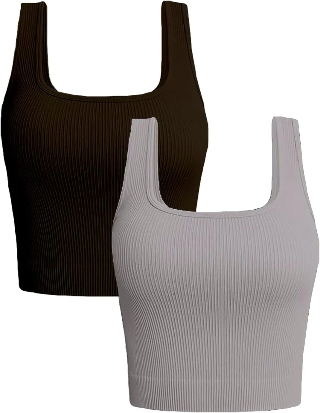 Women's 2-Pack Crop Tops Rib-Knit Seamless Workout Exercise Shirts Yoga Tank Tops