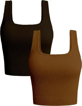 Women's 2-Pack Crop Tops Rib-Knit Seamless Workout Exercise Shirts Yoga Tank Tops