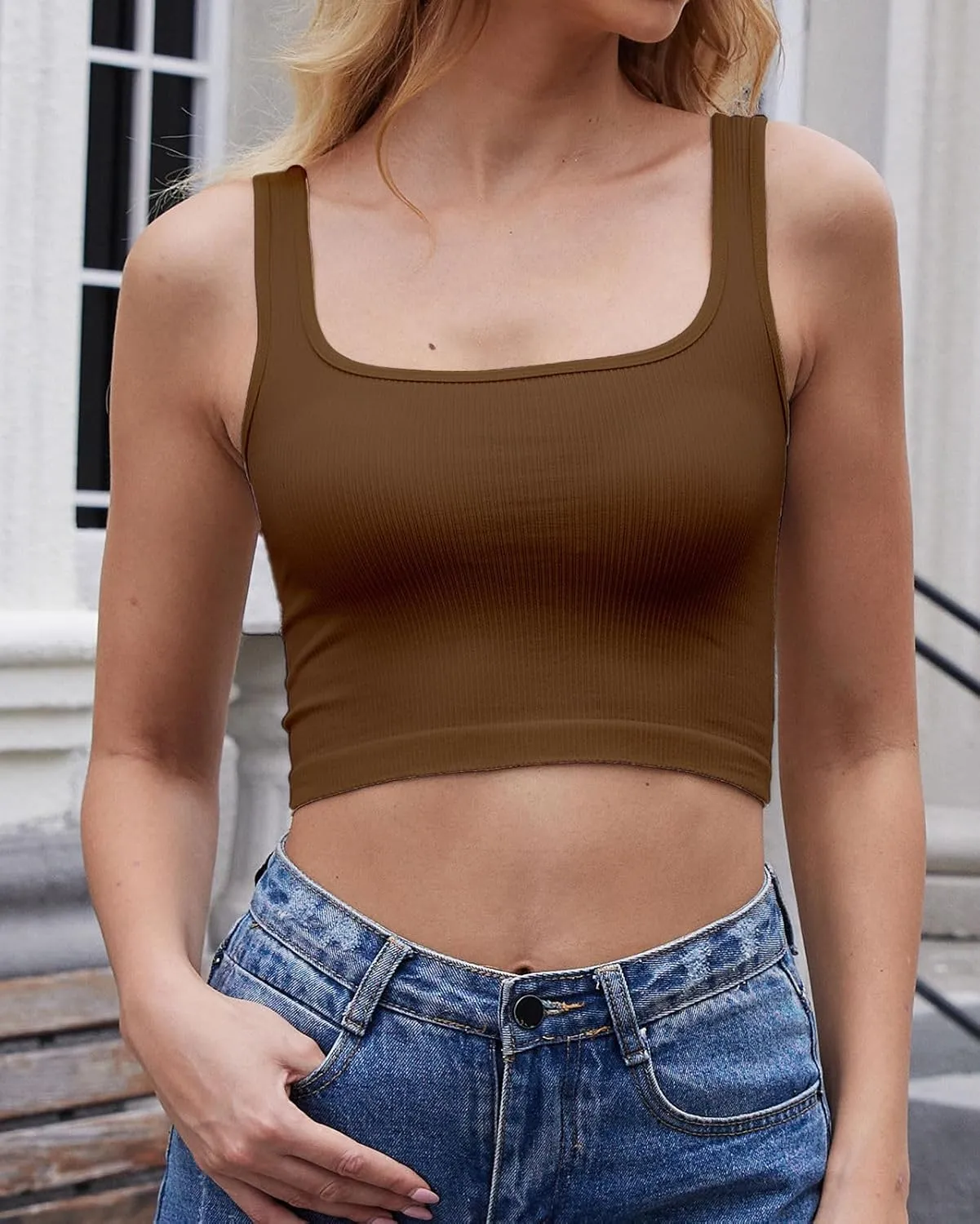Women's 2-Pack Crop Tops Rib-Knit Seamless Workout Exercise Shirts Yoga Tank Tops
