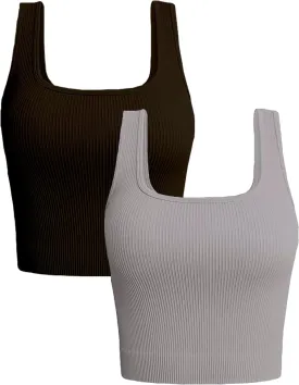 Women's 2-Pack Crop Tops Rib-Knit Seamless Workout Exercise Shirts Yoga Tank Tops