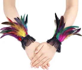 Women's Gothic Lace Feather Gloves Wristband Cuff for Halloween Cosplay
