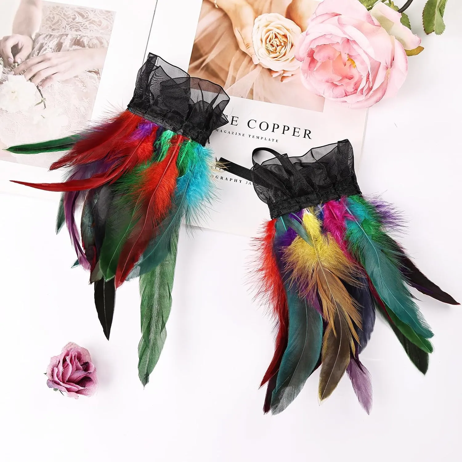 Women's Gothic Lace Feather Gloves Wristband Cuff for Halloween Cosplay