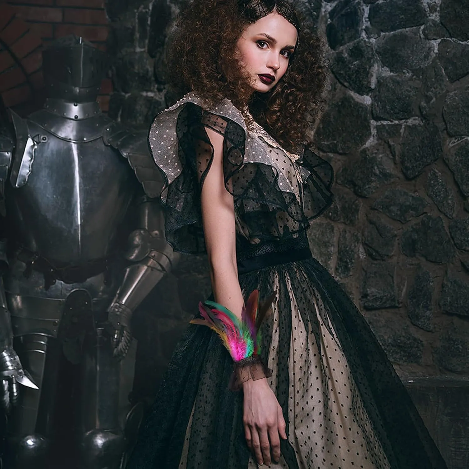 Women's Gothic Lace Feather Gloves Wristband Cuff for Halloween Cosplay