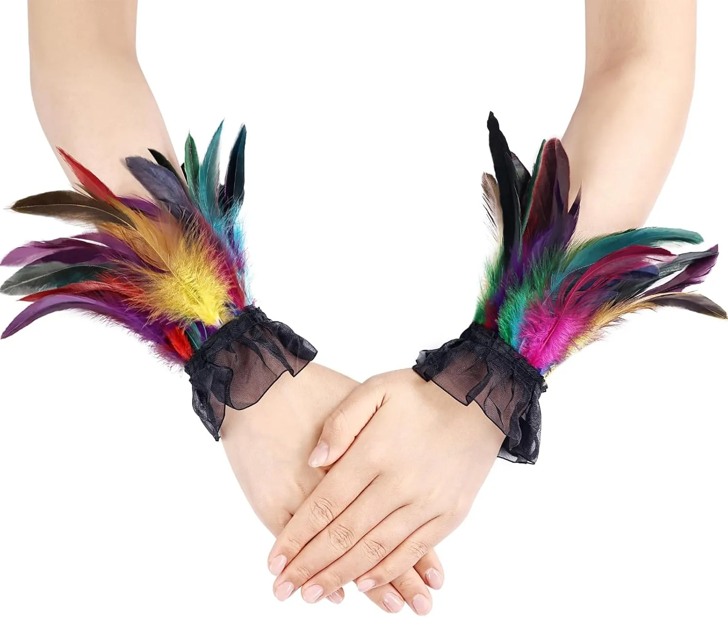 Women's Gothic Lace Feather Gloves Wristband Cuff for Halloween Cosplay