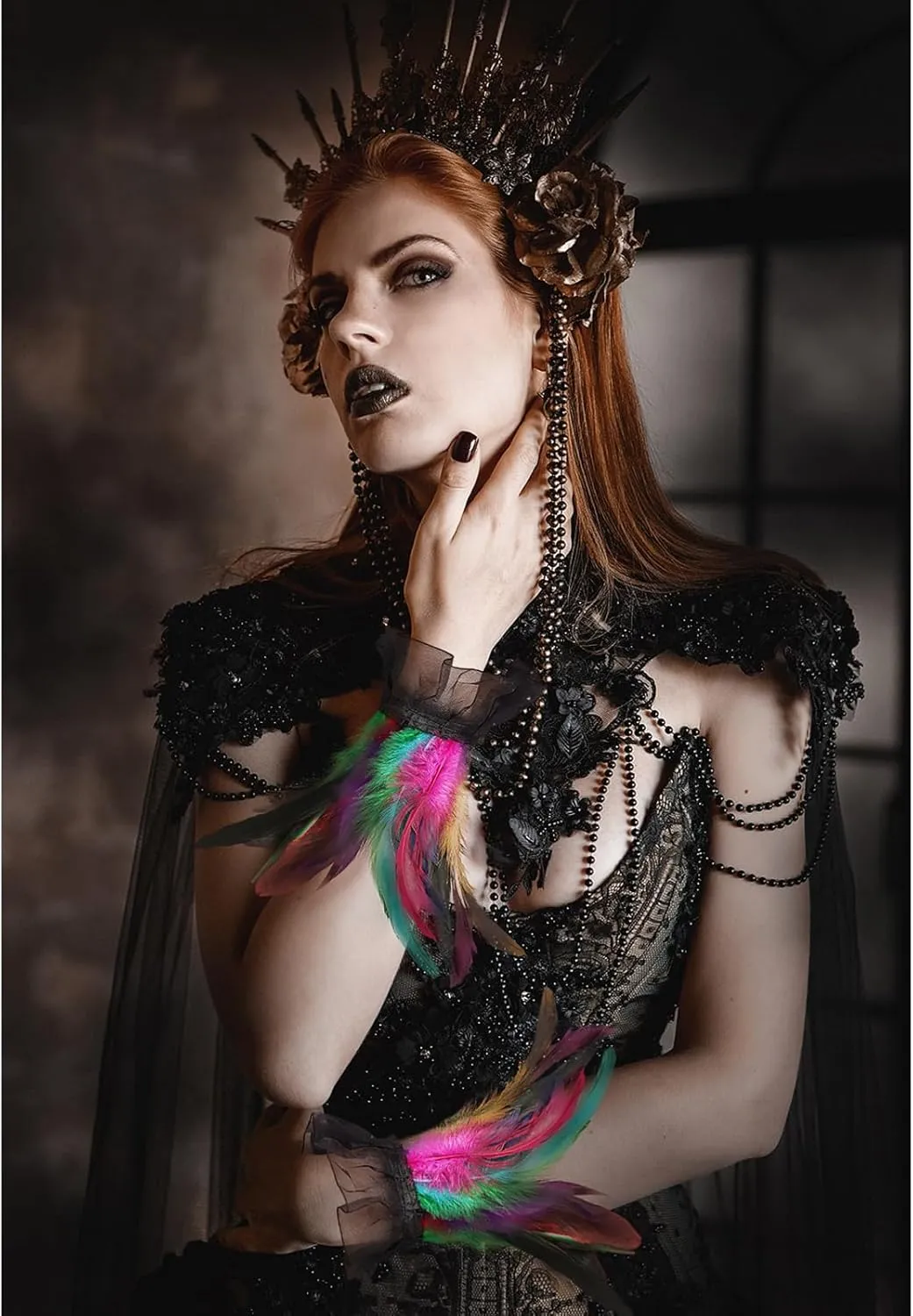 Women's Gothic Lace Feather Gloves Wristband Cuff for Halloween Cosplay