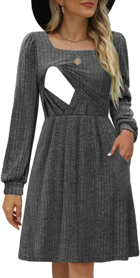 Womens Nursing Fall Dresses Square Neck Long Sleeve Winter Knit Sweater Dress 2024 with Pockets
