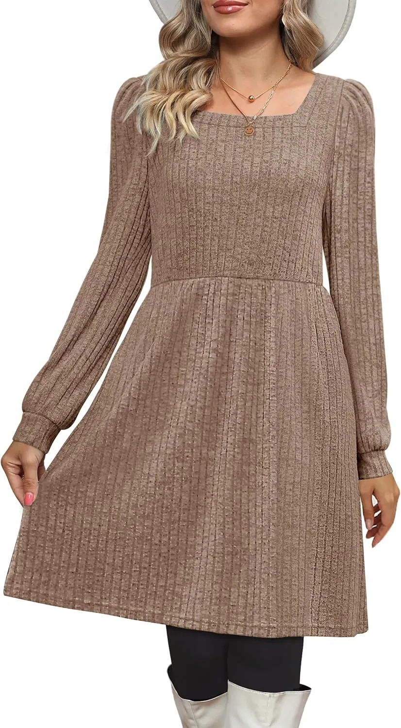 Womens Nursing Fall Dresses Square Neck Long Sleeve Winter Knit Sweater Dress 2024 with Pockets