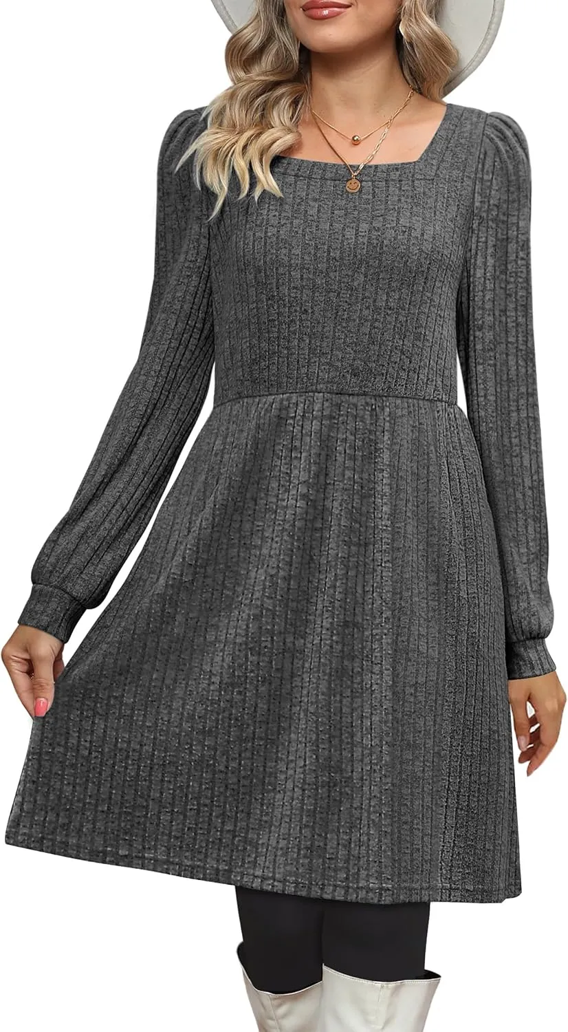 Womens Nursing Fall Dresses Square Neck Long Sleeve Winter Knit Sweater Dress 2024 with Pockets