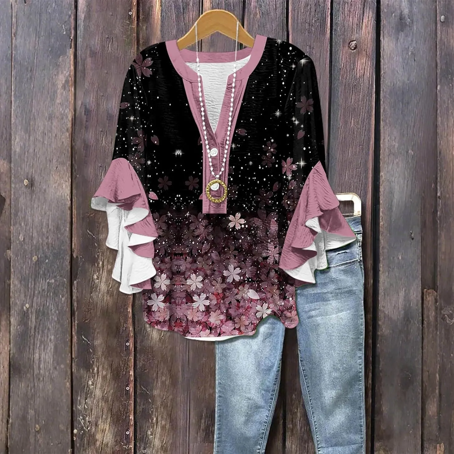 Womens Tops 3/4 Length Sleeves Floral Shirts Flowy Ruffle Sleeve Tops Half Button Down Shirt Summer V Neck Blouse