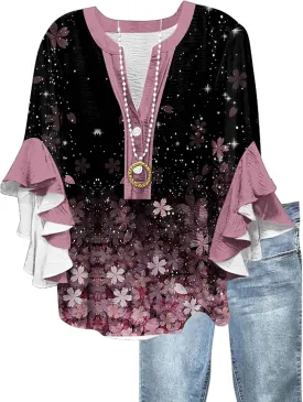 Womens Tops 3/4 Length Sleeves Floral Shirts Flowy Ruffle Sleeve Tops Half Button Down Shirt Summer V Neck Blouse