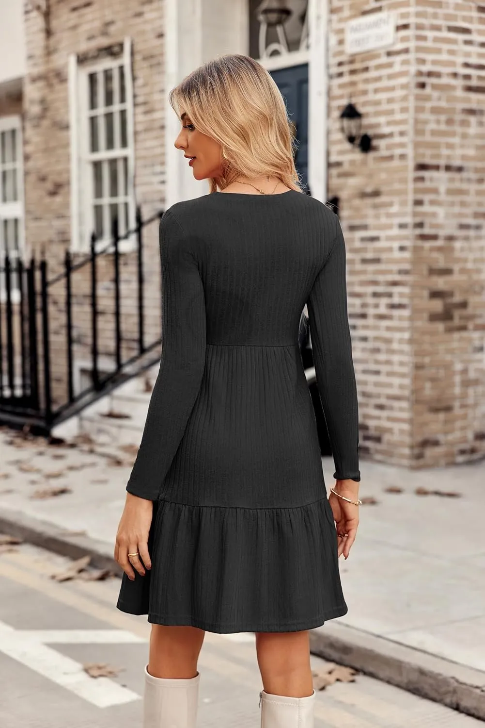 Zeagoo Womens Long Sleeve Fall Dresses with Pockets 2024 Ribbed Knit Casual Crew Neck Knee Length Sweater Dress